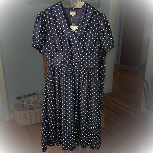 NWT Jen Clothing Navy Blue White Polka Dot Midi Dress Women M